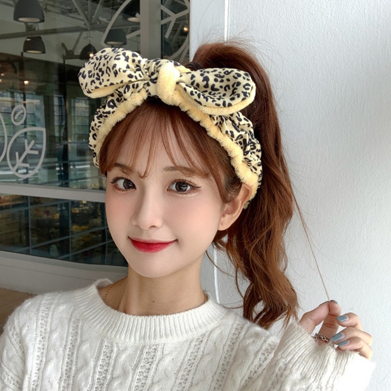 Băng Đô Nơ Lớn Bằng Vải Lông Cừu Mềm Co Giãn Chống Trượt In Họa Tiết Da Báo