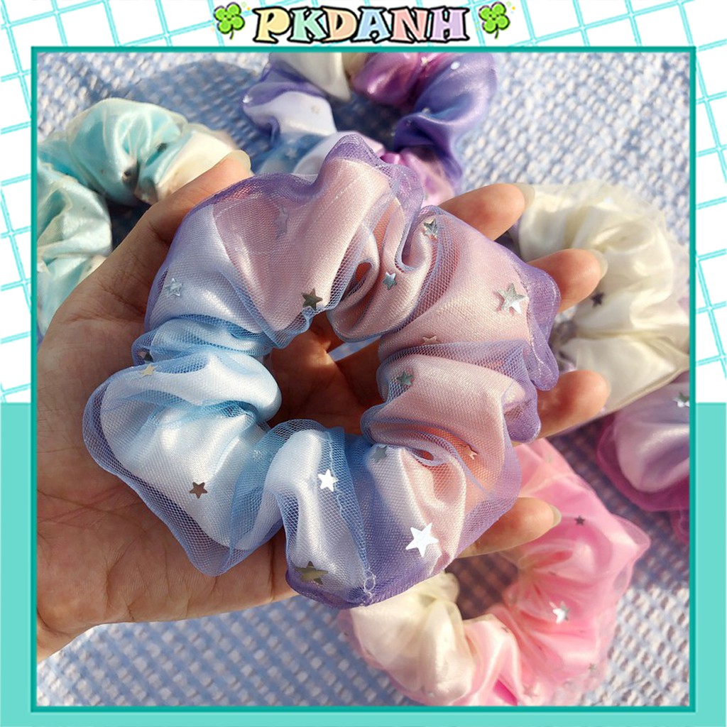 Cột tóc Scrunchies Galaxy, dây buộc tóc crunchies cầu vồng ngàn sao