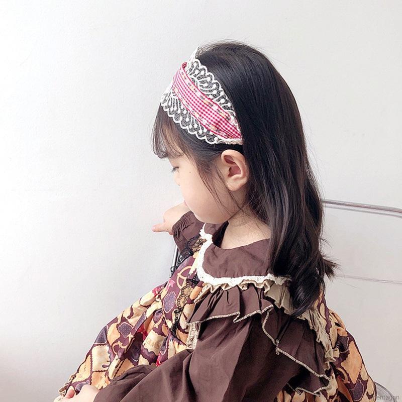 Cài tóc bé gái họa tiết sọc caro phối ren phong cách retro Hàn Quốc