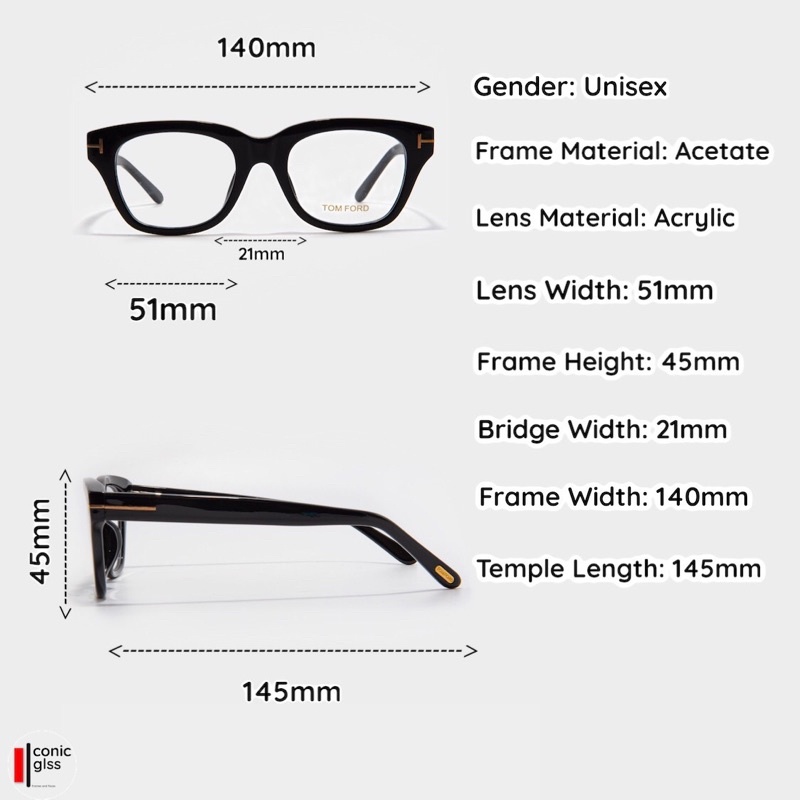 Gọng kính cận nam nữ TOM FORD IconicGLSS dáng vuông tròn chất liệu nhựa acetate cao cấp mắt giả cận chống tia UV400
