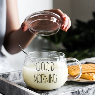 Adorable GOOD MORNING glass 350ml heat-resistant glass cup decorative handle heat-resistant glass with lid