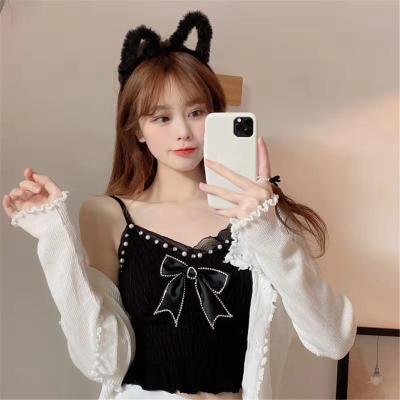 Áo Croptop Hai Dây Cổ Chữ V Thắt Nơ Phối Ngọc Trai Gợi Cảm Cho Nữ