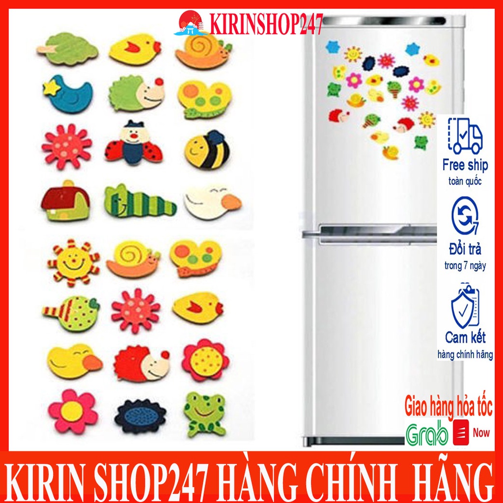 Set 12 miếng nam châm trang trí hoạ tiết hình thú bằng gỗ