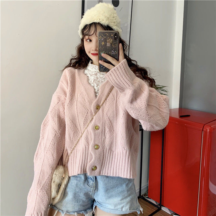 Áo Khoác Cardigan Dệt Kim Tay Dài Cổ Chữ V Dáng Rộng Màu Trắng/Hồng Phong Cách Nhật Bản Cho Nữ