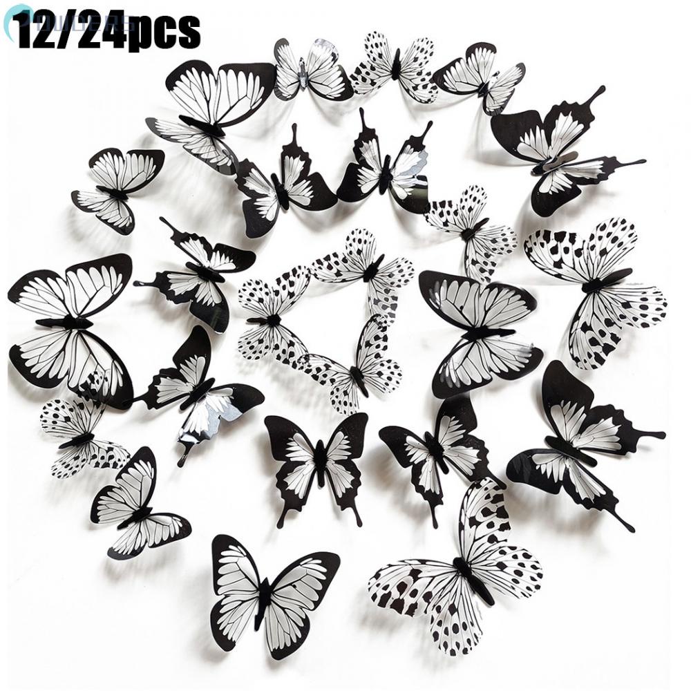 Sticker Dán Tường Hình Con Bướm 3D Màu Trắng Đen, Kích Thước 12 / 24X24X3D