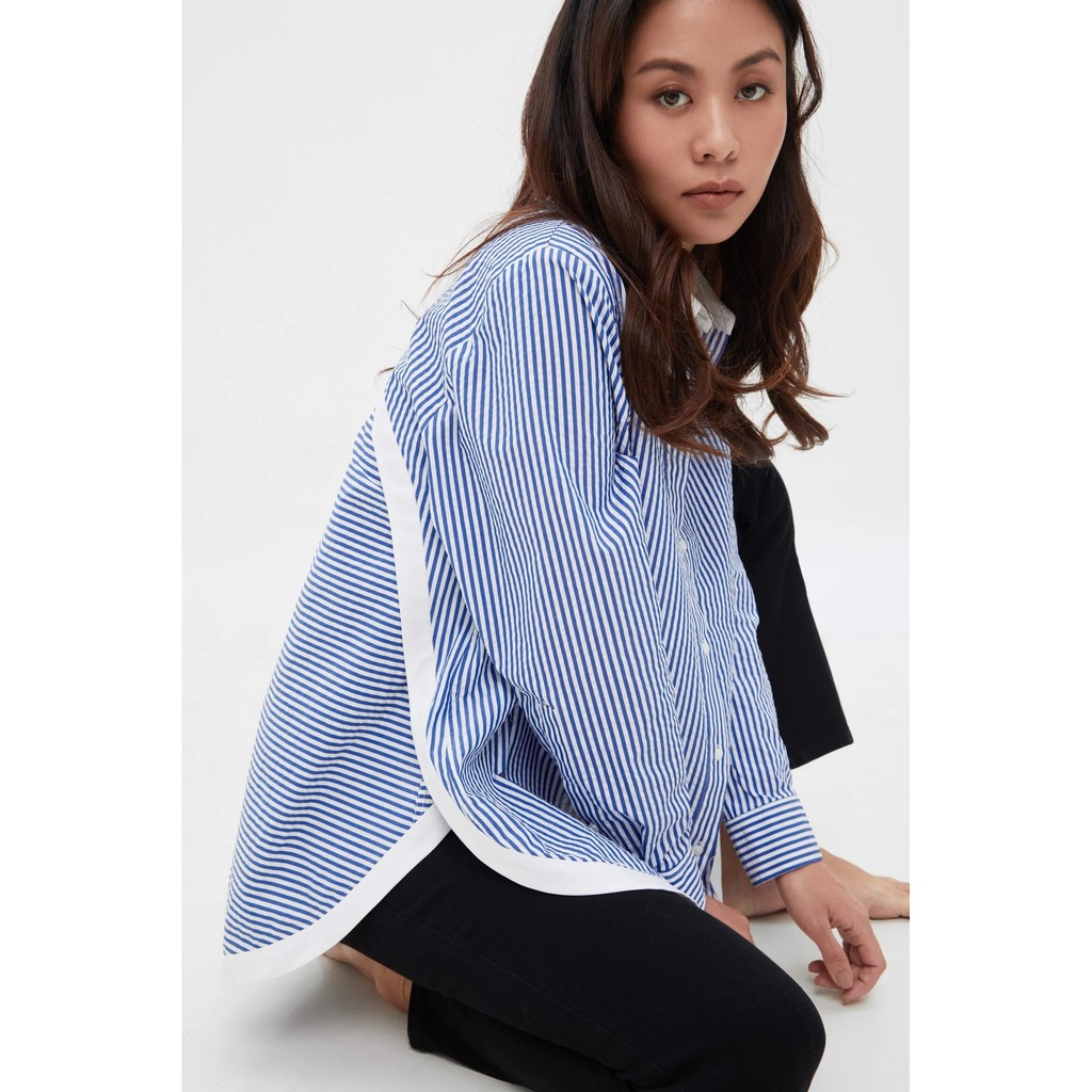 TheBlueTshirt - Modern Arc Oversized Shirt - Áo sơ mi kiểu nữ sọc xanh viền trắng