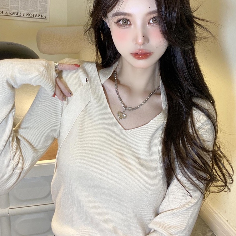 Áo ZHELIHANGFEI dệt kim tay dài trễ vai thiết kế ôm sát tôn dáng phong cách gợi cảm cho nữ