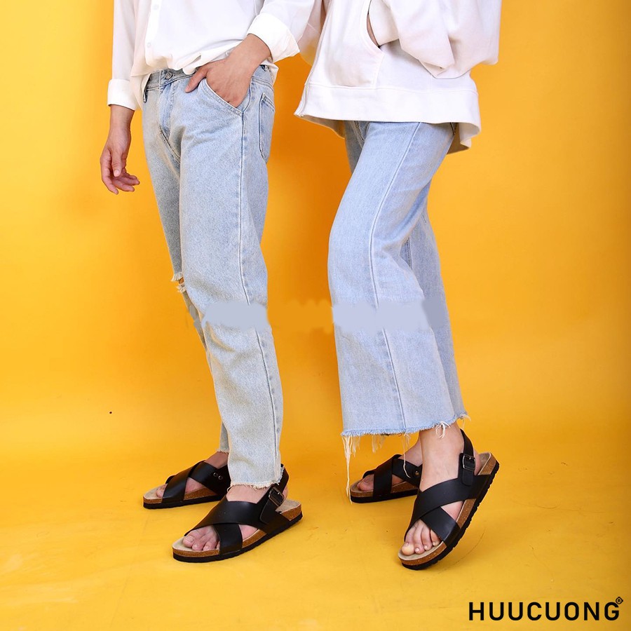 Giày sandal unisex  HuuCuong quai chéo màu đen đế trấu handmade