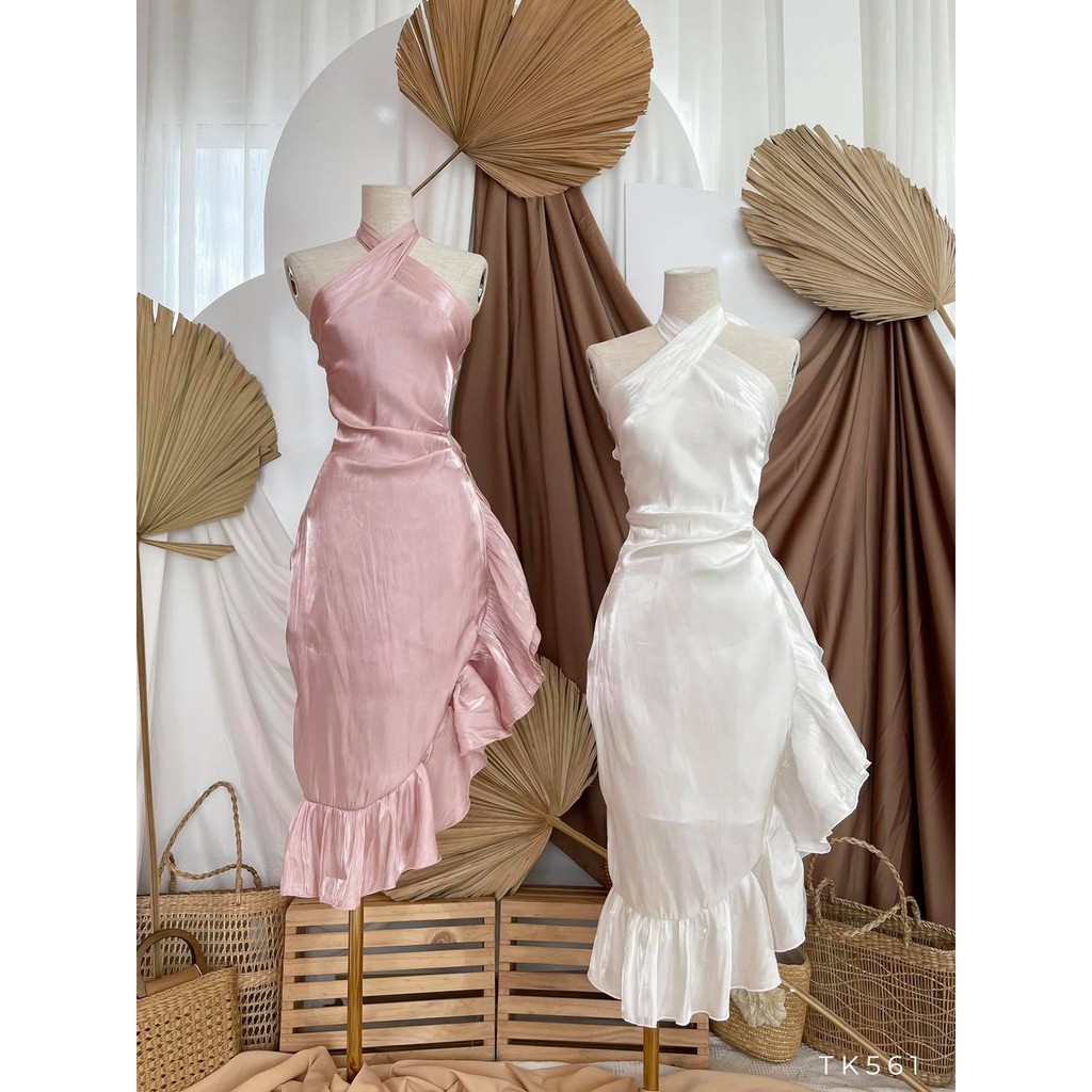 [HÀNG THIẾT KẾ CAO CẤP] Đầm Maxi Cổ Yếm Chất Orangza Tôn Dáng Màu Nude Đi Tiệc Sang Trọng