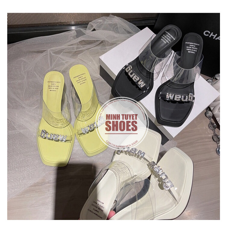 giày sandal cao gót nữ minhtuyetshoes đế nhọn 9cm đúp mũi quai ngang trong chữ waug mẫu mới