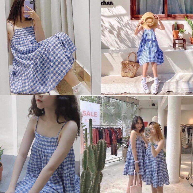 Váy 2 dây kẻ xanh dáng babydoll đi chơi đi biển đi du lịch cực hợp