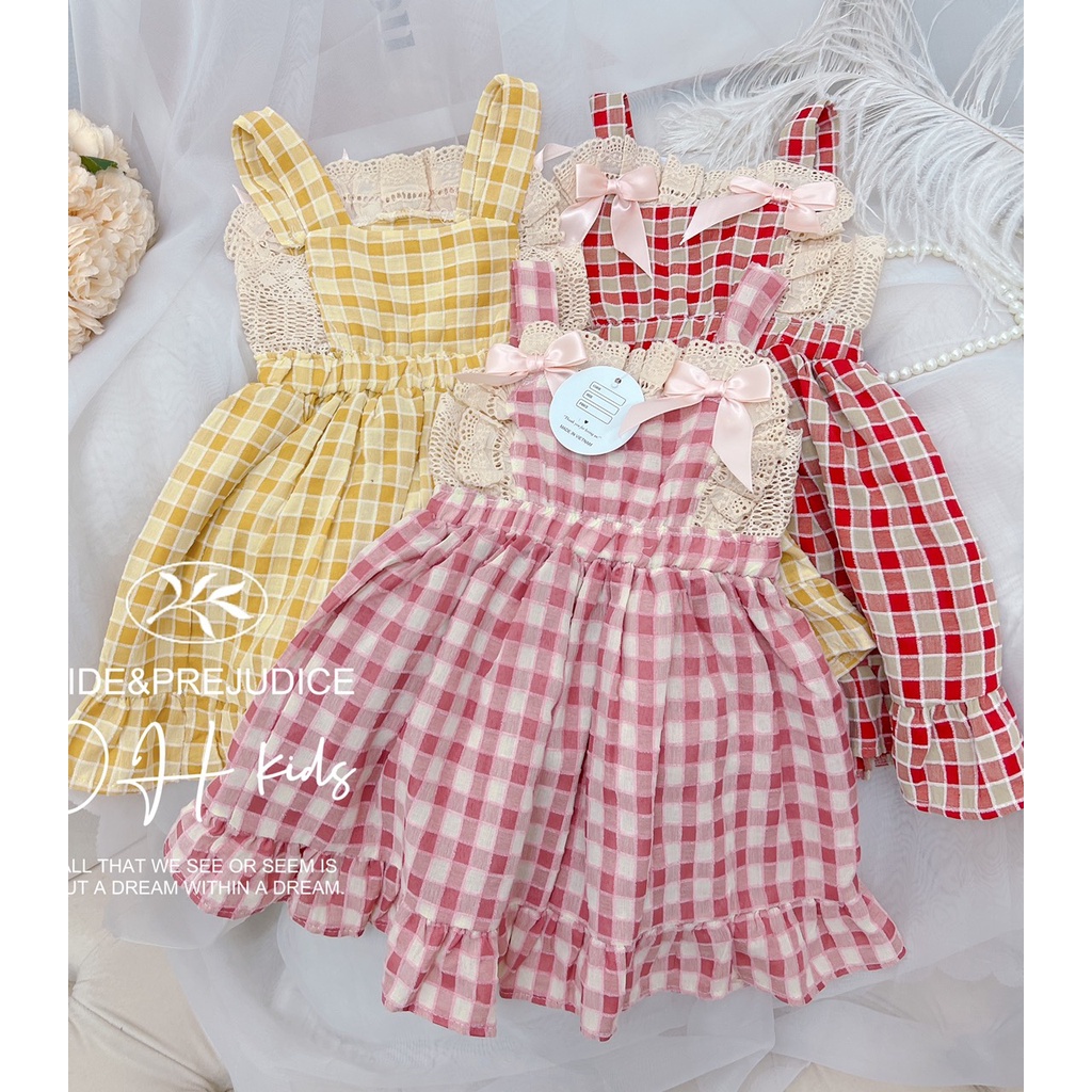 Váy style hàn quốc mùa hè, Váy xinh hai dây cho bé gái chất thô đũi mát mẻ 7-20kg , váy kẻ