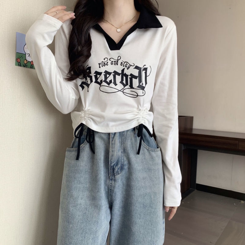 Áo Sơ Mi Dài Tay Cổ Polo Phối Dây Rút Màu Sắc Tương Phản Thời Trang Hàn Quốc Cho