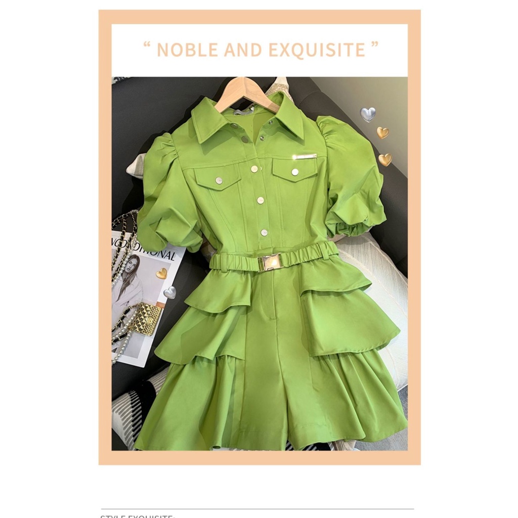 Bộ Áo Liền Quần Ngắn Tay Lưng Cao Nhún Bèo Màu Xanh Bơ Thời Trang Mùa Hè Xinh Xắn Cho Nữ