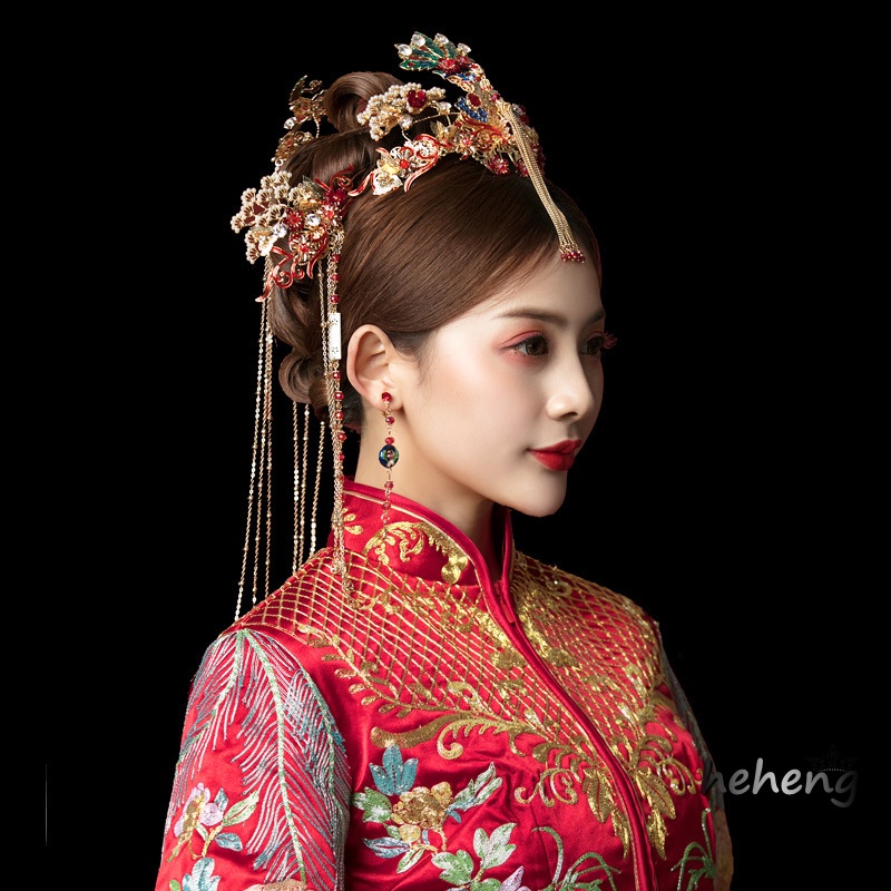 Bộ Vương Miện + Bông Tai + Vương Miện Phượng Hoàng Truyền Thống Trung Hoa Cổ Điển Cho Cô Dâu