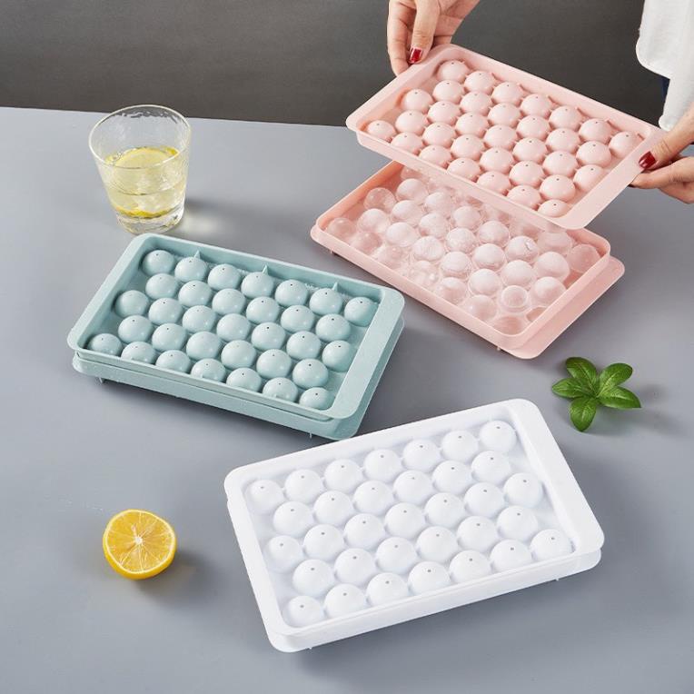 Khay đá tròn tủ lạnh 33 viên, khuôn làm đá có nắp đậy thông minh hình bi