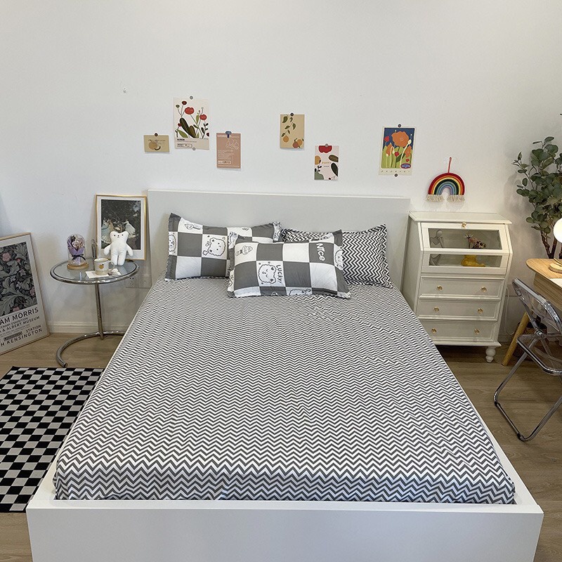 [RẺ VÔ ĐỊCH] Bộ chăn ga gối drap giường chất cotton poly họa tiết gấu caro