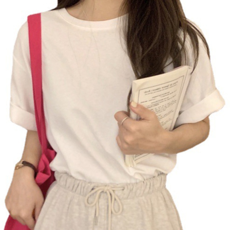 Áo Thun Cổ Tròn Tay Ngắn Dạng Cuộn Màu Sắc Kẹo Ngọt Đơn Giản Dành Cho Nữ