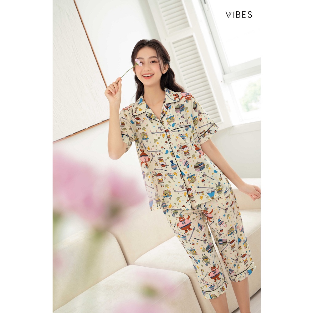VIBES Bộ Pijama Lửng Mặc Nhà Owl Cream Capri Py Set