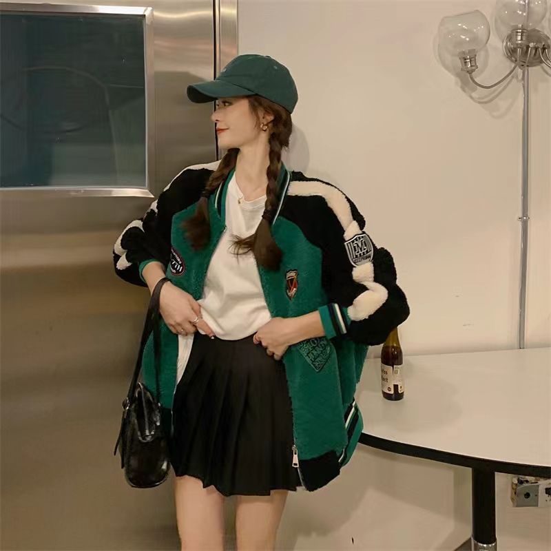 [Hàng Có Sẵn] Áo Khoác Bóng Chày Dáng Rộng Dày Giả Lông Cừu Phiên Bản Hàn Quốc 2023 Mới Cho Nữ