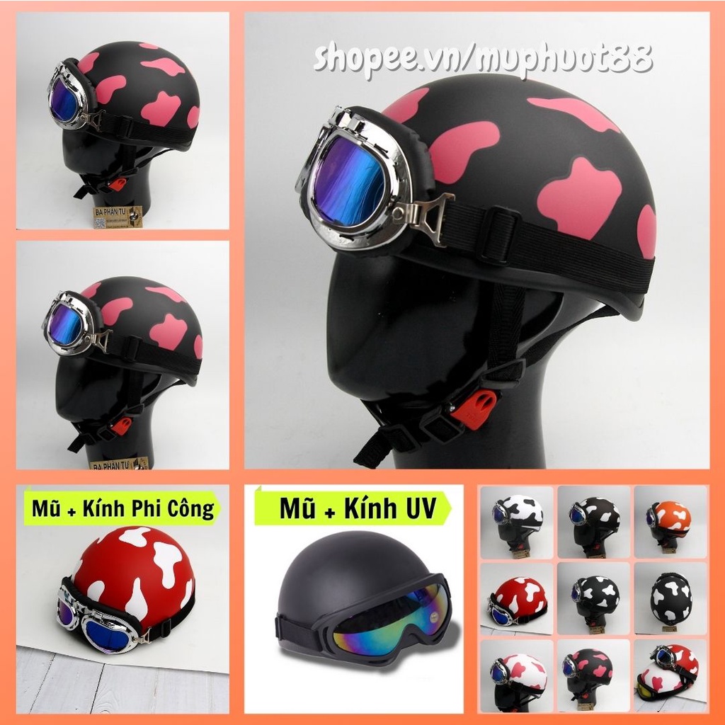 Mũ bảo hiểm nửa đầu cute bò sữa kính phi công nón bảo hiểm 1/2 kèm kính uv đi phượt màu đen hồng