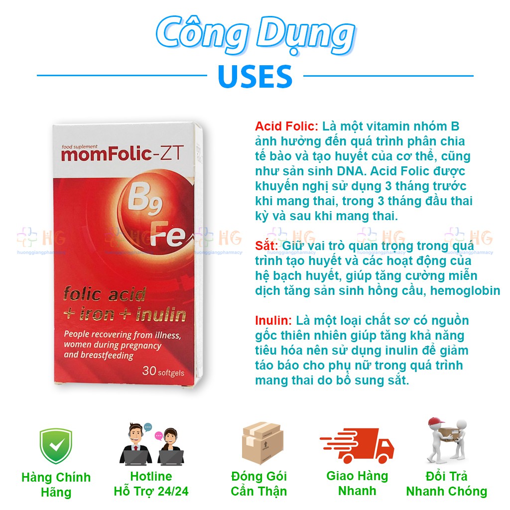 MomFolic-ZT - Hỗ trợ bổ sung Sắt và Folic Acid, giúp cải thiện thiếu máu do thiếu sắt ở phụ nữ mang thai (Hộp 30 Viên)