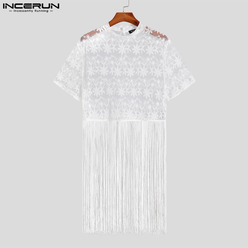 Áo thun INCERUN tay ngắn phối ren lưới nhìn xuyên qua thời trang mùa hè cho nam