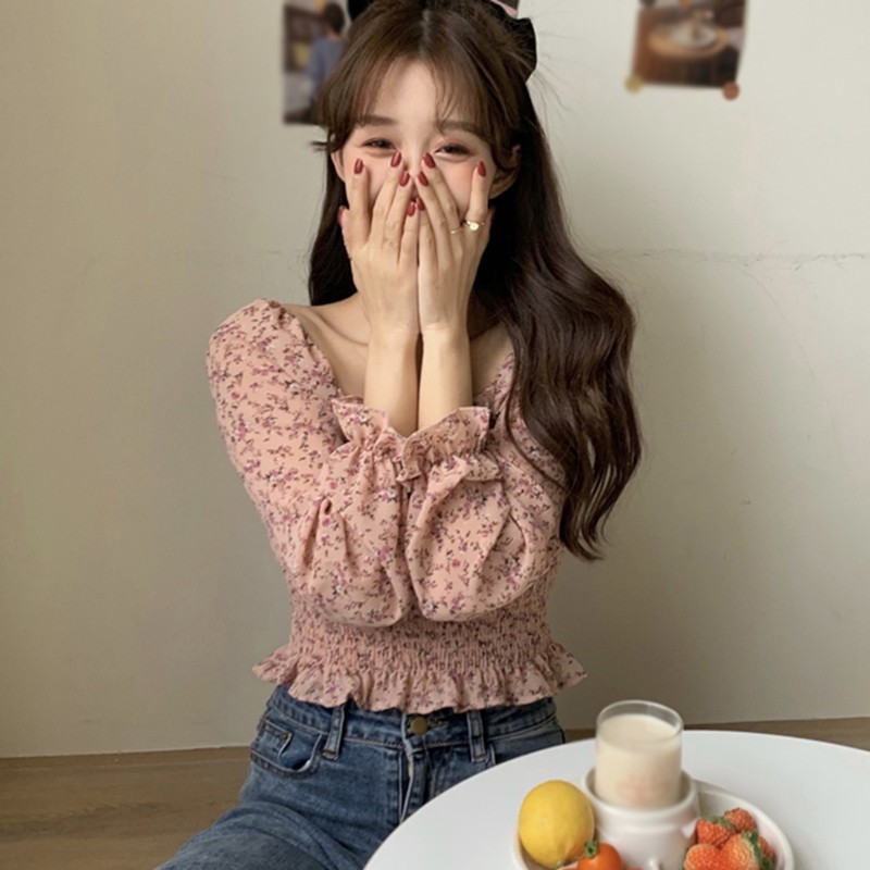 Áo Kiểu Tay Dài Hoạ Tiết Hoa Thiết Kế Cổ Vuông Thời Trang Thanh Lịch Cho Nữ