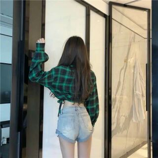 Sơ mi sọc caro rút eo