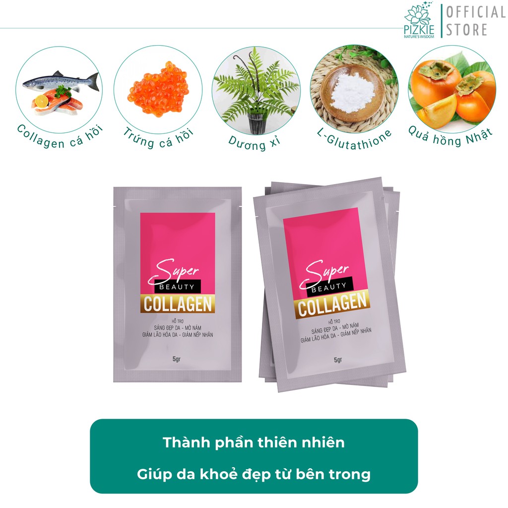 SUPER BEAUTY COLLAGEN PIZKIE - Trẻ Hóa, Giảm Nếp Nhăn, Làm Sáng Da, Chống Nắng, Giảm Mùi Cơ Thể - Hộp 30 Gói