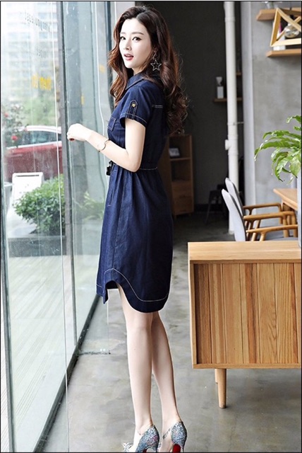 Đầm jean nữ tay ngắn eo thắt dây ôm body