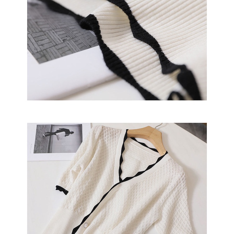 Summer thin sweater top women's wavy edge V-neck ice silk mid-sleeve temperament outer wear short-sleeved T-shirt buttoned cardigan