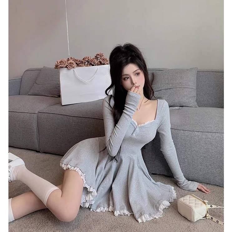 Đầm Nữ Tay Dài Tùng Xoè Phối Ren Hàng Đẹp Chuẩn Ảnh