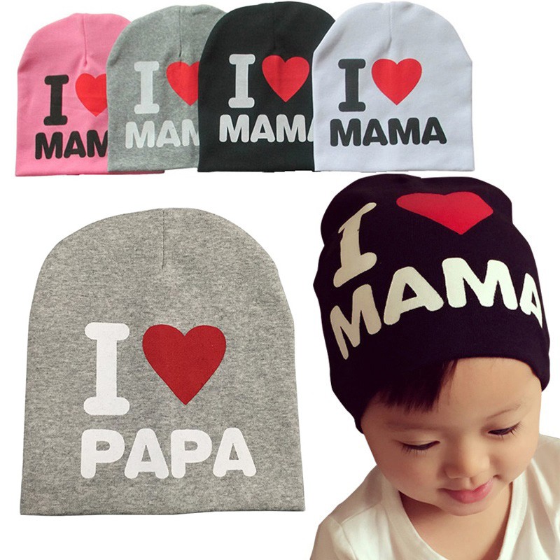 Mũ I love mama, I love papa, mũ nỉ dùng cho thời tiết se lạnh thu đông