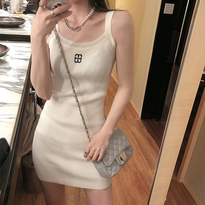 SUXI Đầm Dệt Kim Hai Dây Màu Trơn Thời Trang Mùa Hè Cho Nữ