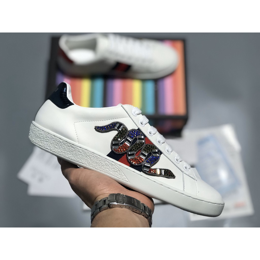 Giày Thể Thao GC Rắn Thêu Đính Đá Gót Xanh Đỏ [FULL BOX - SIÊU CẤP] Giày Sneaker Gu.ci Nam Nữ Trắng