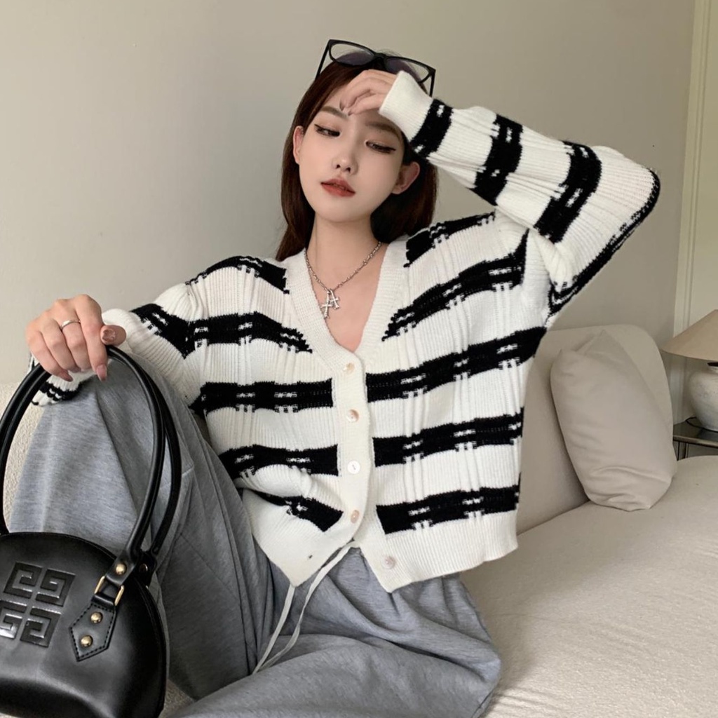 Áo Khoác Cardigan Dệt Kim Tay Dài Dáng Rộng Họa Tiết Kẻ Sọc Thời Trang Cho Nữ