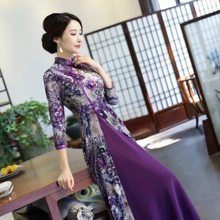 HÀNG NHẬP - ĐẦM NHUNG HOA TÍM PHỐI LỤA CỔ TÀU