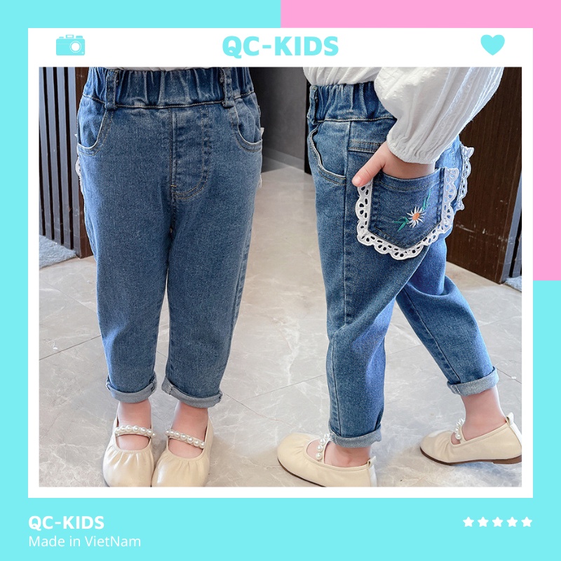 Quần jean bé gái 1 tuổi đến 5 QC-KIDS, Quần bò bé gái túi ren 10-25kg