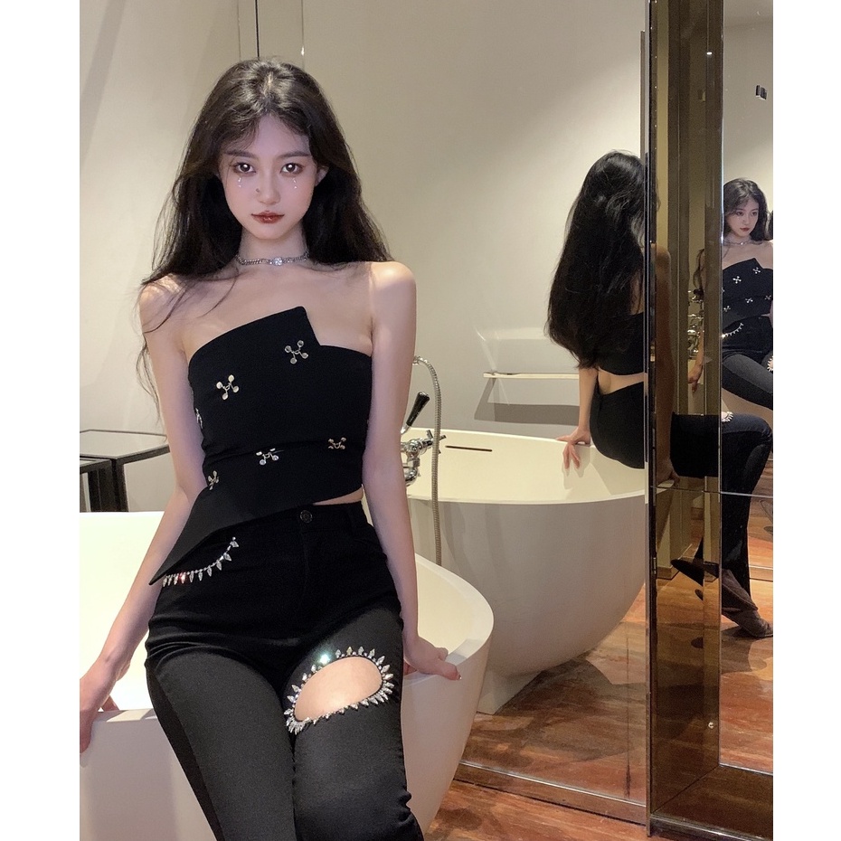 Áo Ống Một Bên Vai Thiết Kế Không Đối Xứng Quyến Rũ Phong Cách Trung Hoa Kèm Hạt Cườm Eo Cao Giản Dị