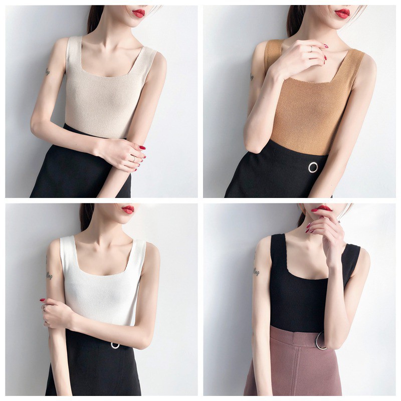 Áo sát nách dệt kim cổ chữ U không tay màu trơn dành cho nữ | BigBuy360 - bigbuy360.vn