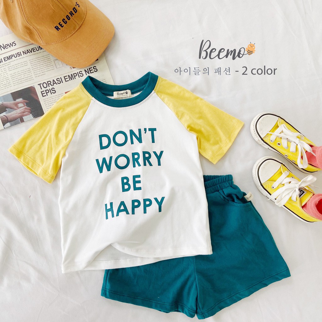 Bộ bé trai gái cotton Beemo Chất liệu mềm mịn, tay phối màu nổi bật, họa tiết &quot;Don't Worry&quot; đáng yêu B047