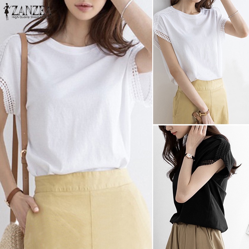 Áo thun ZANZEA cổ tròn tay ngắn phối ren phong cách Hàn Quốc thời trang cho nữ