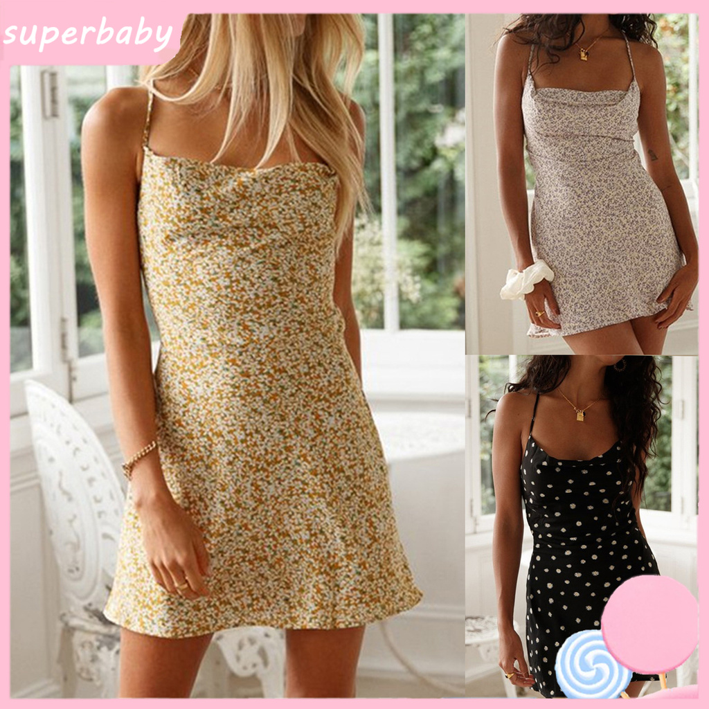 SBaby_ Women Sexy Dress Marguerite Floral Print Backless Cross Bandage Mini Sling Dress for Party