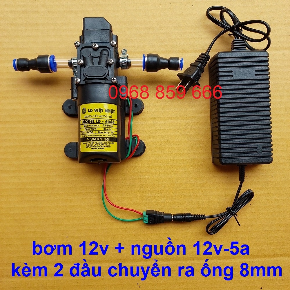 Máy bơm nước mini 12V áp lực cao + nguồn 12v-5A + 2 đầu chuyển ra ống 8mm