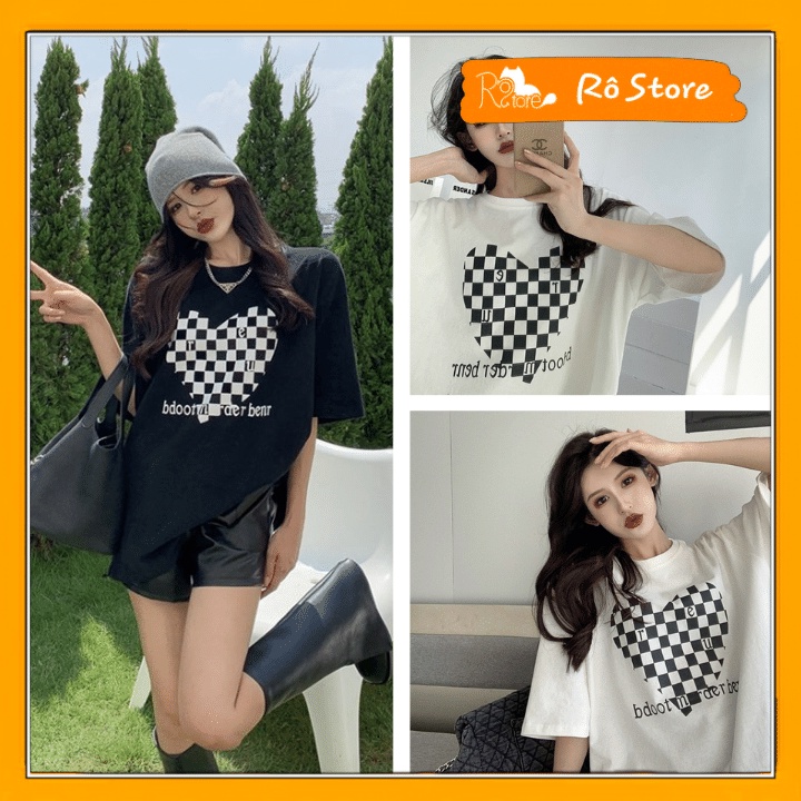 Áo thun nữ/Áo phông form rộng tay lỡ unisex nam nữ mặc được chất liệu 100% cotton in hình trái tim caro RÔ STORE AT65