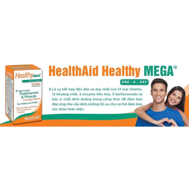 Viên uống HealthAid Healthy Mega cung cấp 14 loại vitamin,12 khoáng chất,4 enzyme tiêu hoá,3 bioflavonoids