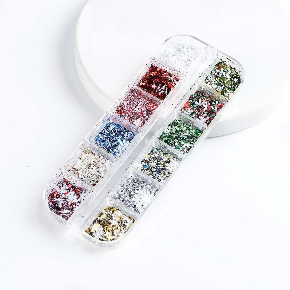 OCEANMAP Hộp 12 Ngăn Đựng Hạt Kim Sa Hình Bông Tuyết Trang Trí Móng Tay DIY