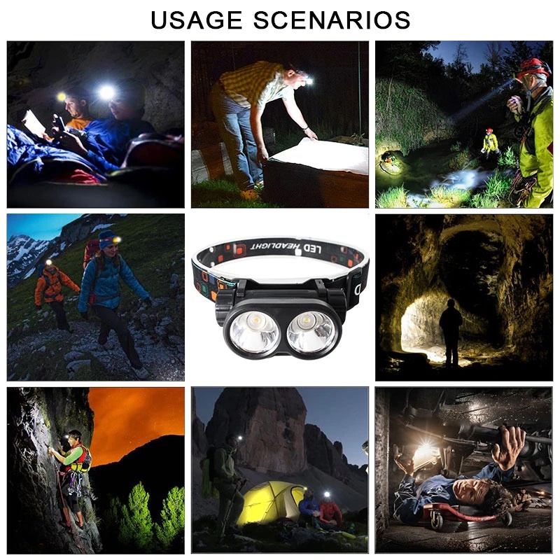 Đèn pin đeo đầu 2 bóng LED siêu sáng sạc USB chống thấm nước dùng khi chạy bộ/cắm trại/leo núi/câu cá