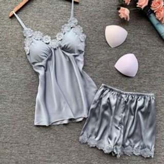 Bộ ngủ hai dây viền ren hoa, bộ ngủ lụa đẹp sexy